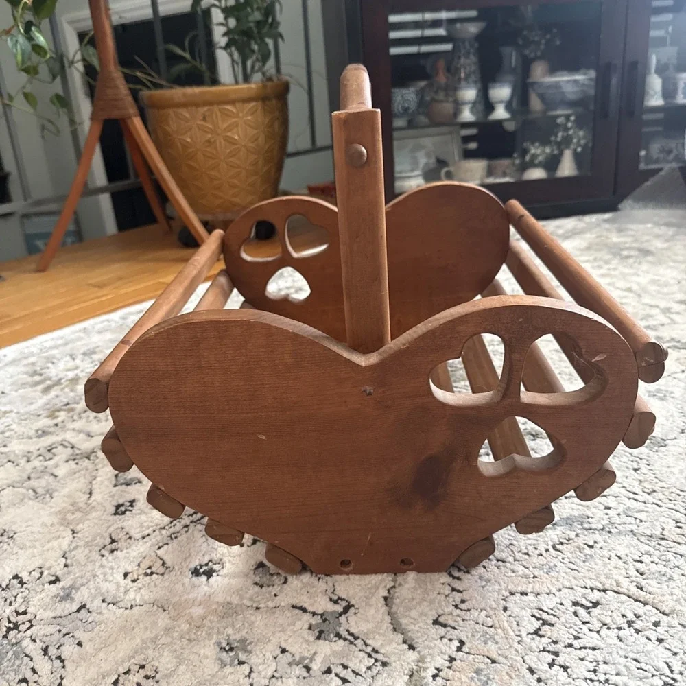Vintage Wooden Heart Basket Handmade USA Decor Storage Large 15